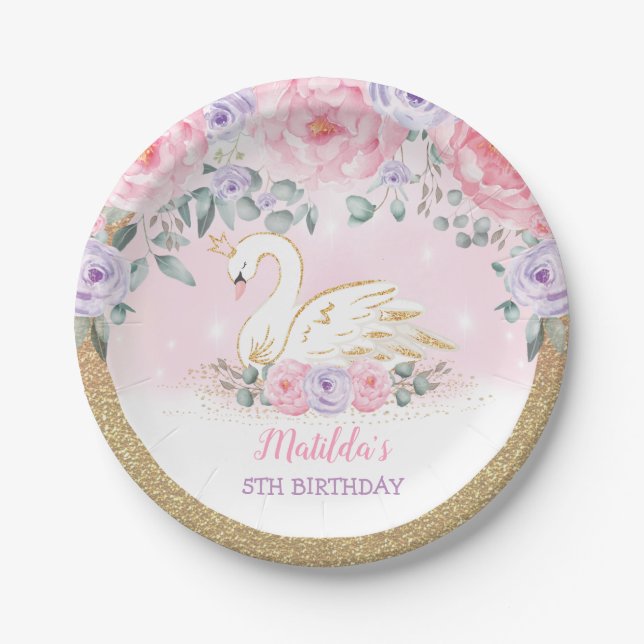 Magical Swan Princess Pink Purple Floral Birthday  Paper Plate (Front)