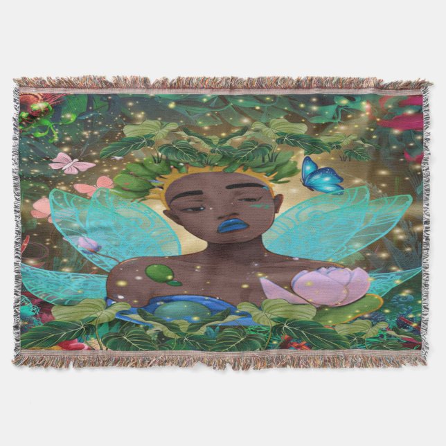 Magical Tale of an African American Black Fairy Throw Blanket (Front)
