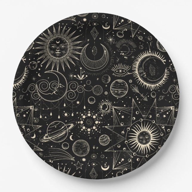 Magical tarot astrology boho celestial pattern paper plate (Front)