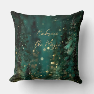 Magical Teal Green Forest Gold Bokeh Cushion