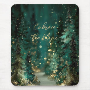 Magical Teal Green Forest Gold Bokeh Mouse Mat