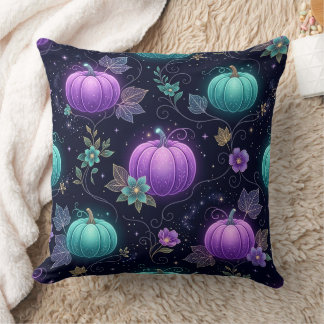 Magical Teal & Purple Galaxy Pumpkins Throw Pillow