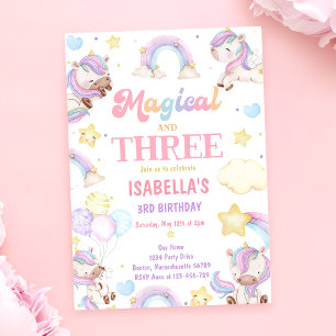 Magical Three Rainbow Unicorn 3rd Birthday Party Invitation