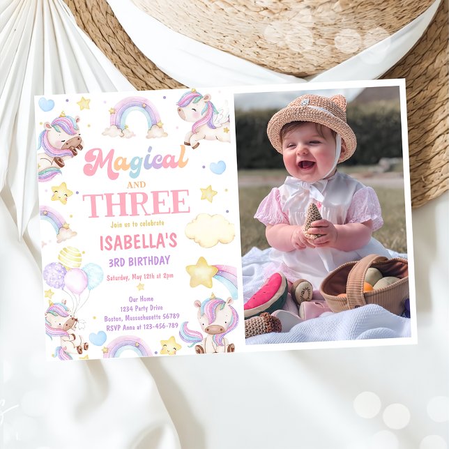  Magical Three Rainbow Unicorn 3rd Birthday Photo Invitation (Creator Uploaded)
