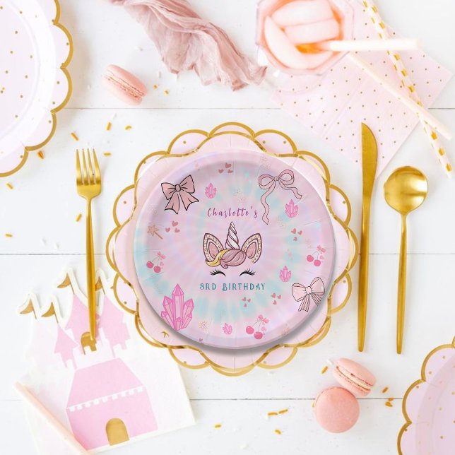 Magical Tie Dye Unicorn Coquette Bow Birthday  Paper Plate (Creator Uploaded)
