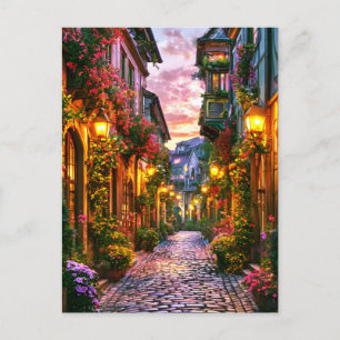 Magical town at sunset postcard