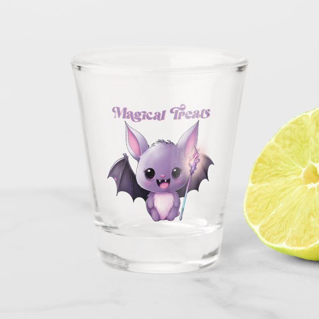 Magical Treats – Cute Purple Bat Halloween Shot Glass (Front)