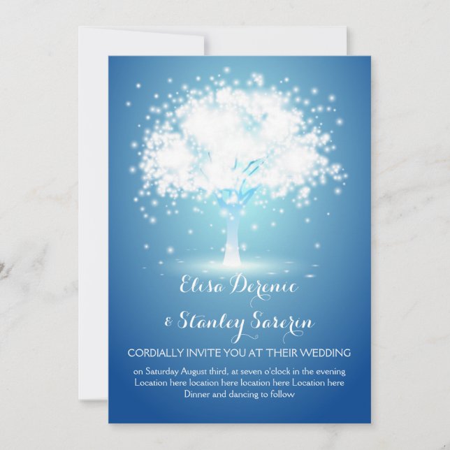 Magical tree, sparkling lights blue wedding invitation (Front)