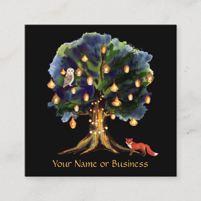 Magical Tree With Lanterns Woodland Fox, Owl Square Business Card (Front)
