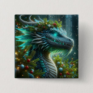 Magical Turquoise Christmas Dragon 15 Cm Square Badge