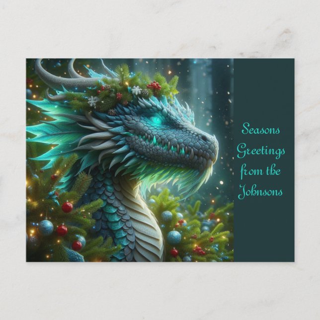 Magical Turquoise Christmas Dragon Holiday Postcard (Front)