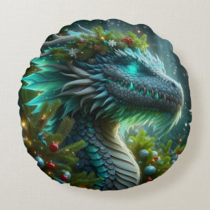 Magical Turquoise Christmas Dragon Round Cushion