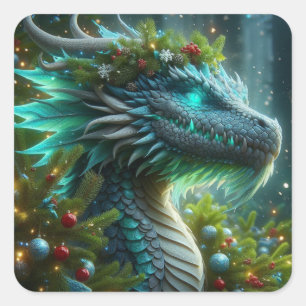 Magical Turquoise Christmas Dragon Square Sticker