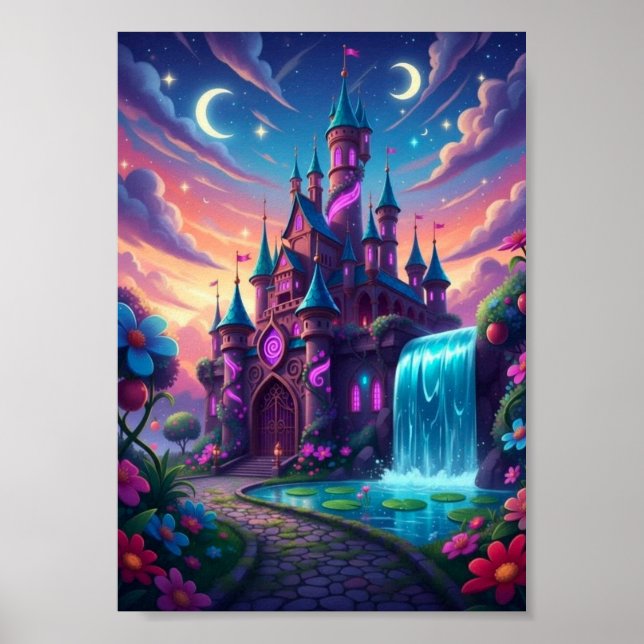 Magical Twin Moon Castle Waterfall Fantasy Poster (Front)