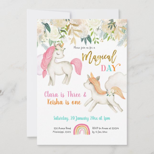 Magical Twins Unicorn Birthday Invitation (Front)