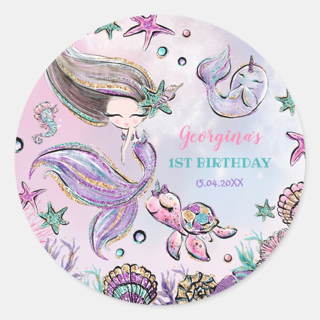 Magical Under the Sea Mermaid Baby Girl Birthday Classic Round Sticker (Front)
