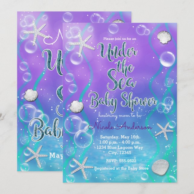 Magical Under The Sea Purple Teal Baby Shower Invitation (Front/Back)