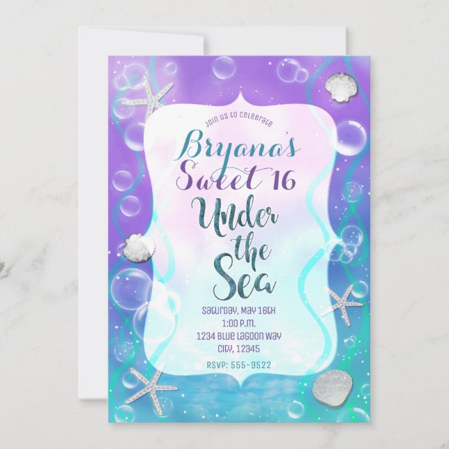 Magical Under The Sea Purple Teal Sweet 16 Party Invitation (Front)
