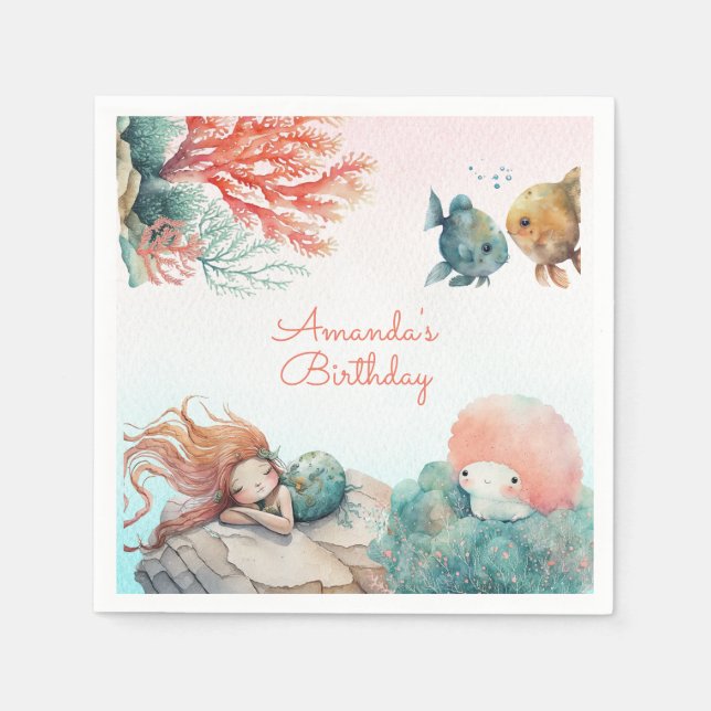 Magical Under The Sea Watercolor Birthday Party  Napkin (Front)