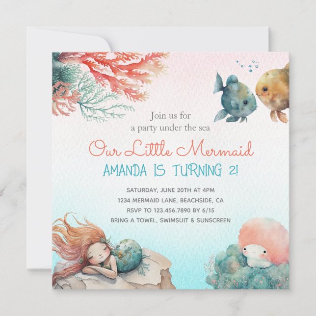 Magical Under The Sea Watercolor Girl  Invitation (Front)