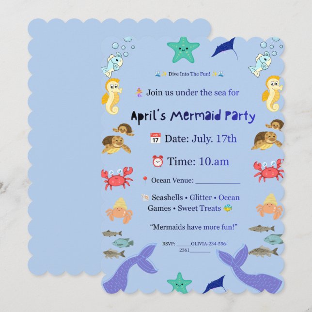 Magical Underwater StyleMermaid Party Invitation – (Front/Back)