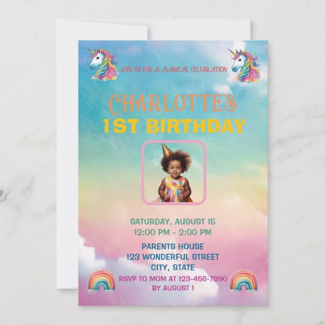 Magical Unicorn 1st Birthday Invitation  (Front)