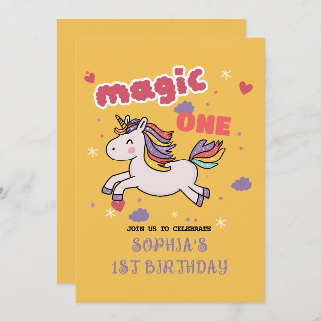 Magical Unicorn 1st Birthday Invitation (Front/Back)
