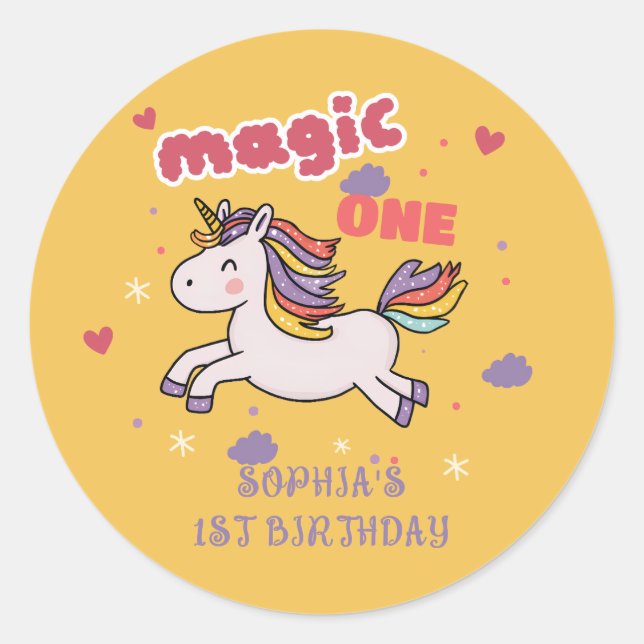 Magical Unicorn 1st Birthday Invitation Classic Round Sticker (Front)