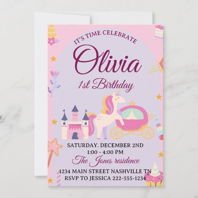 Magical Unicorn 1st Birthday Invitation for Girls (Front)