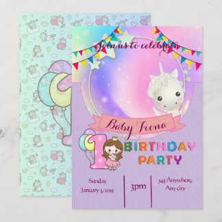 Magical Unicorn- 1st Birthday Party Invitation