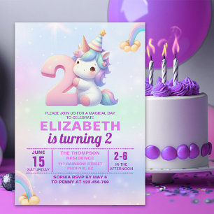 Magical Unicorn 2nd Birthday Invitation for Girls