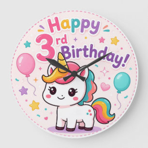 Magical Unicorn 3rd Birthday Celebration Large Clock