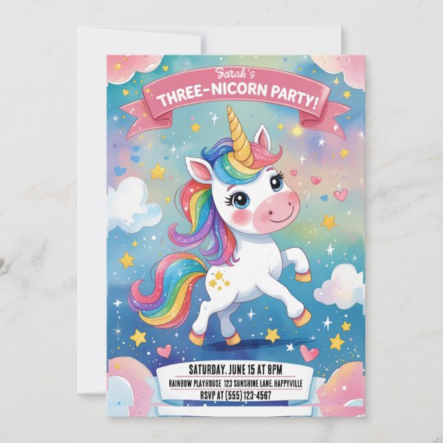 Magical Unicorn 3rd Birthday Invitation | Pink (Front)