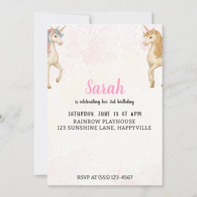 Magical Unicorn 3rd Birthday Invitation | Pink  (Front)