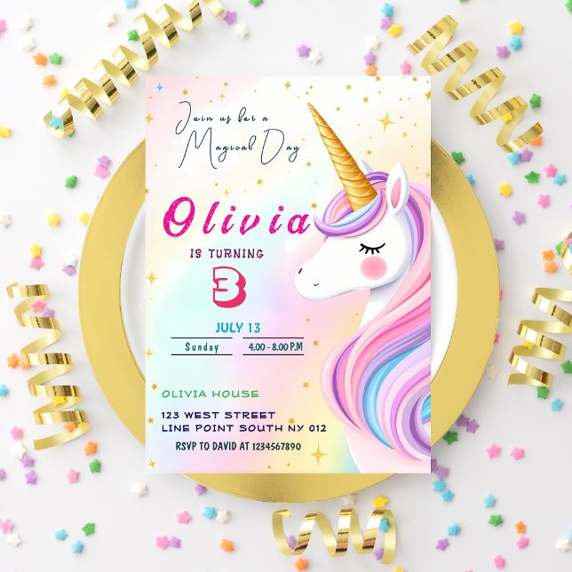 Magical Unicorn 3rd Birthday Party Invitation (Creator Uploaded)