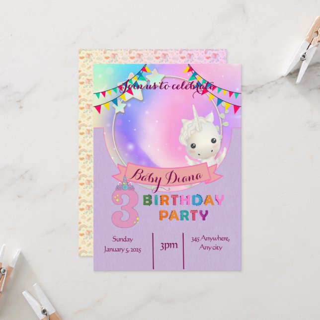 Magical Unicorn- 3rd Birthday Party Invitation (Front/Back In Situ)