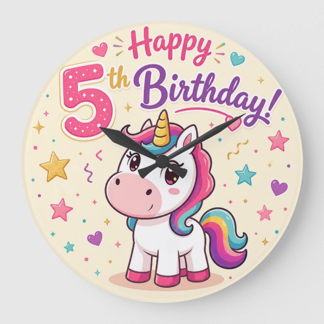 Magical Unicorn 5th Birthday Celebration Large Clock (Front)
