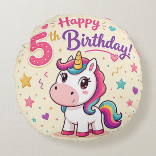 Magical Unicorn 5th Birthday Celebration Round Cushion