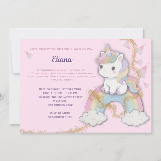 Magical Unicorn 5th Birthday Pastel Rainbow Invitation (Front)