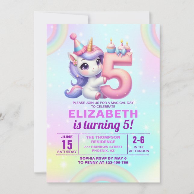 Magical Unicorn 5th Birthday – Rainbow theme Invitation (Front)