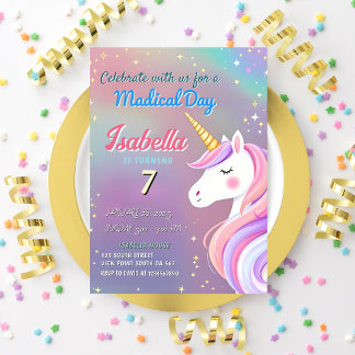 Magical Unicorn 7th Birthday Pastel Rainbow Theme Invitation