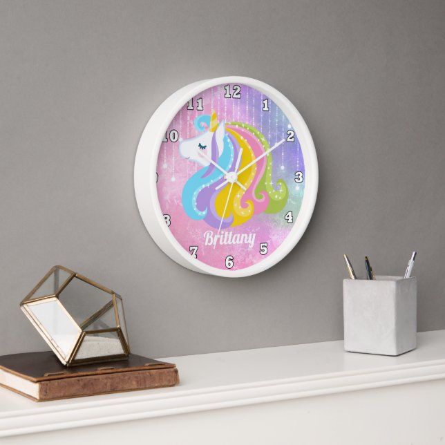 Magical unicorn add name girls wall clock (Office)