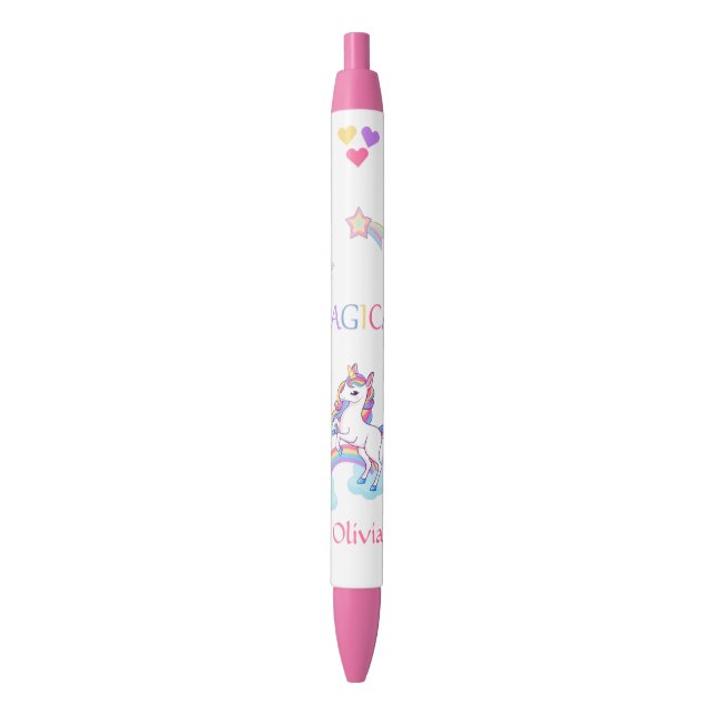 Magical Unicorn And Rainbow Personalised  Black Ink Pen (Front Vertical)