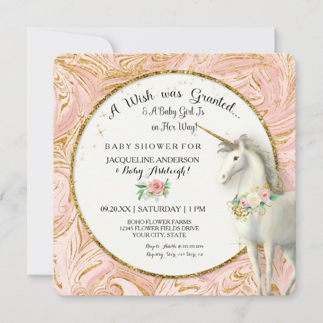 Magical Unicorn Baby Girl Shower Marble Rose Gold Invitation (Front)