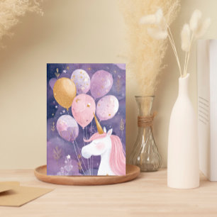 Magical Unicorn Birthday Card  Pink & Gold Balloon