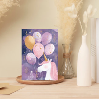 Magical Unicorn Birthday Card Pink & Gold Balloon