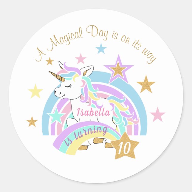 Magical Unicorn Birthday Classic Round Sticker (Front)