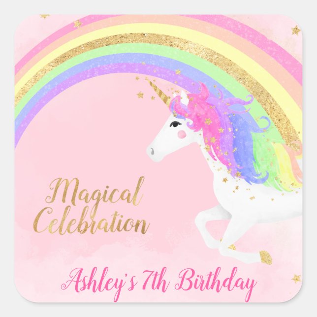 Magical Unicorn Birthday  | Gold Rainbow Square Sticker (Front)