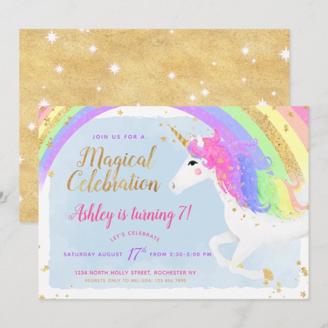 Magical Unicorn Birthday Invitation | Gold Rainbow (Front/Back)