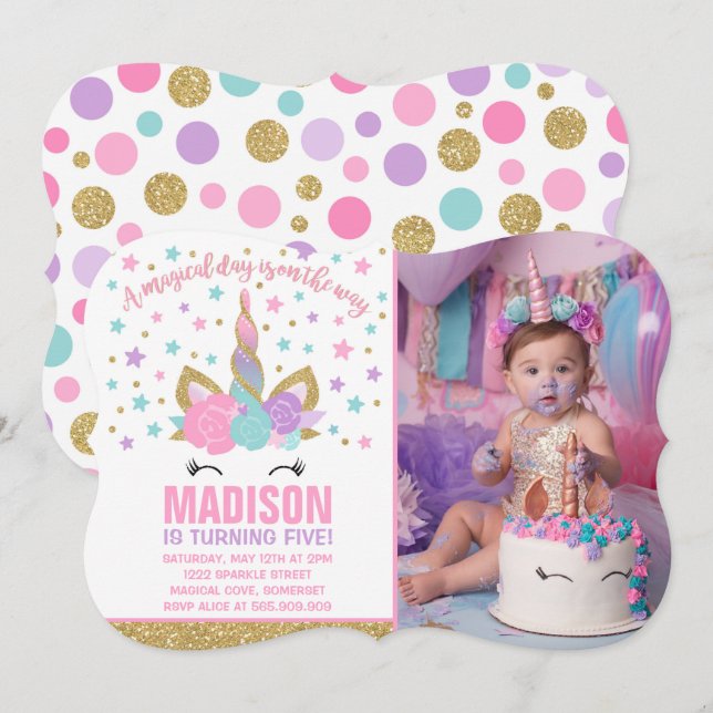 Magical Unicorn Birthday Invitation Pink Gold (Front/Back)